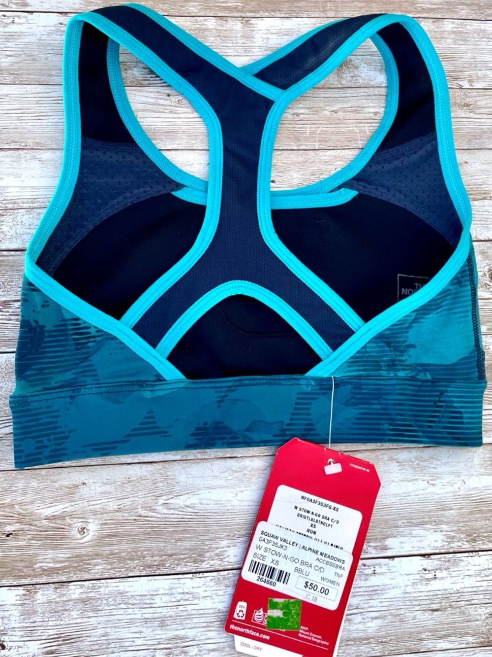 NEW North Face Stow-n-Go Phone Pocket Botanical Tropical Teal Blue Sports Bra XS - Picture 3 of 15